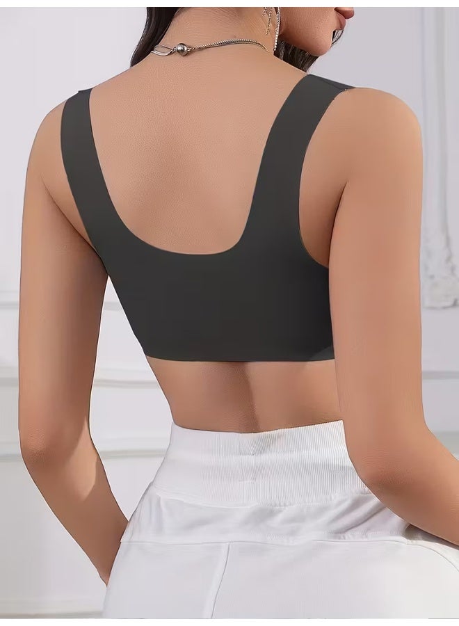 Zeemey Black Women'S Solid Color Front Closure Bra with Shell Pattern Trim, Integrated Wide Strap, Non-Detachable Pads, Wire-Free Design, Everyday Bra - Image 2